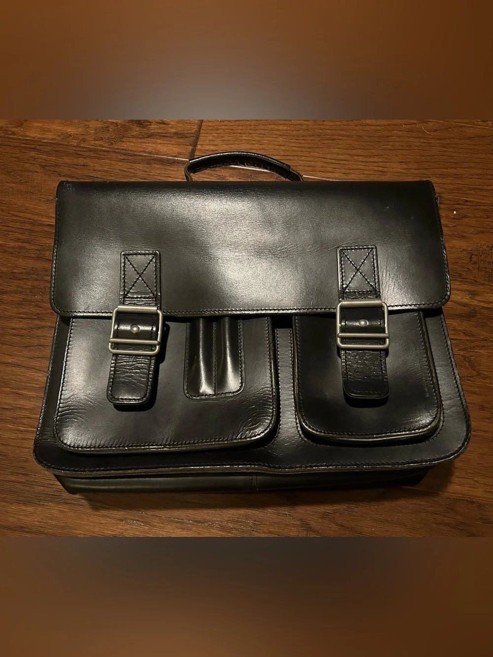 vintage black leather messenger briefcase German brand McNeill.
